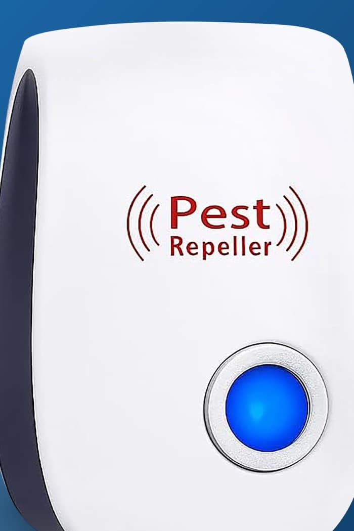 Ultrasonic pest repeller — clean front view of the white plug-in unit with red Pest Repeller wordmark and glowing blue LED button