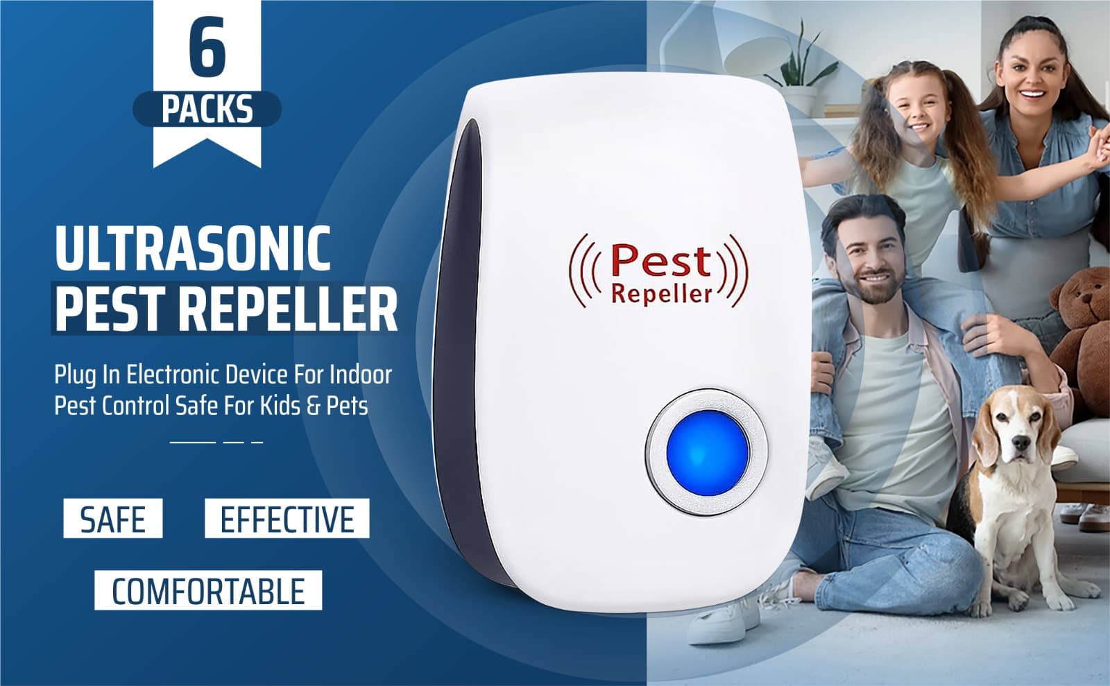 Ultrasonic pest repeller — front view, white plug-in unit with blue LED